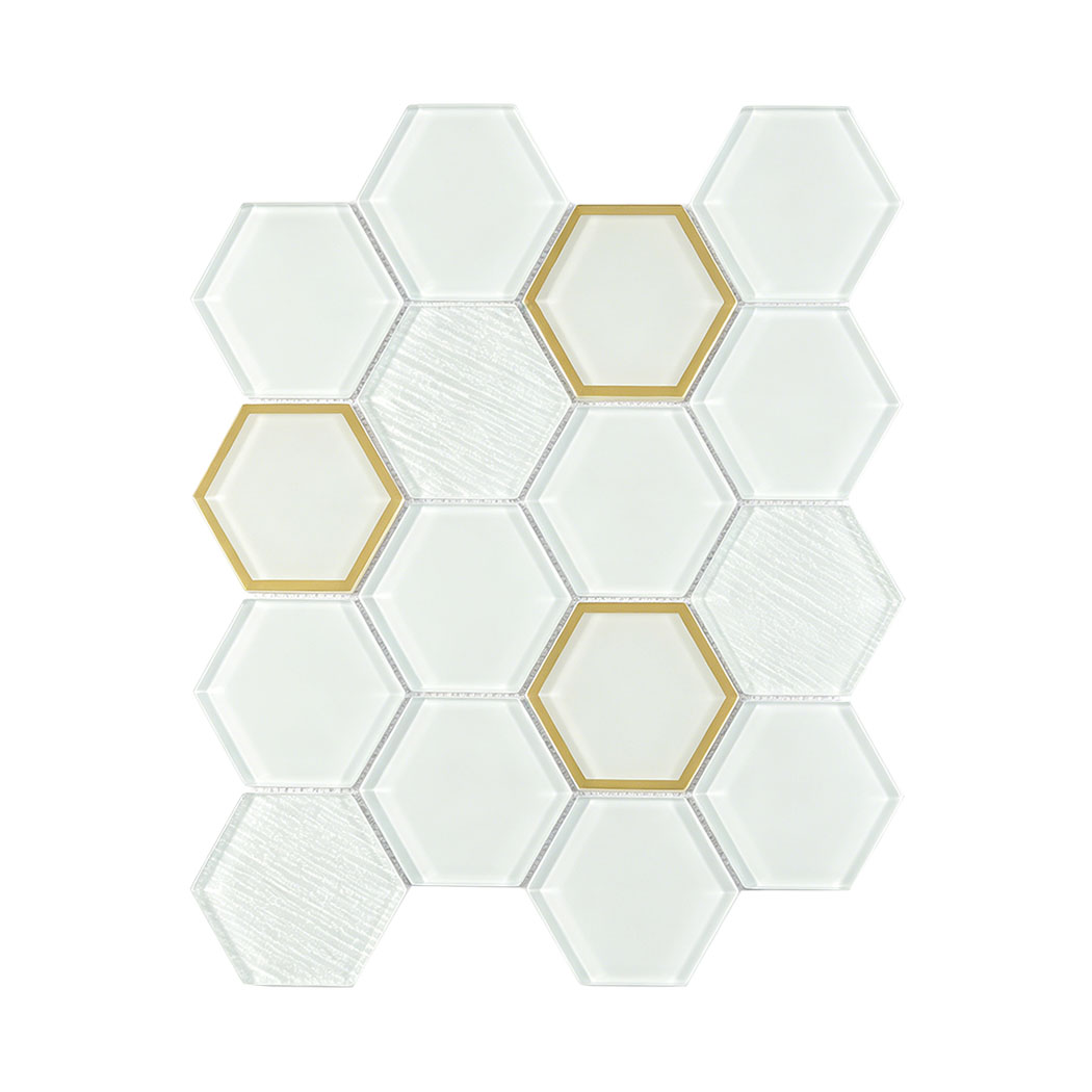 White hexagon glass mosaic sheet with textured pieces and gold glass framed accents