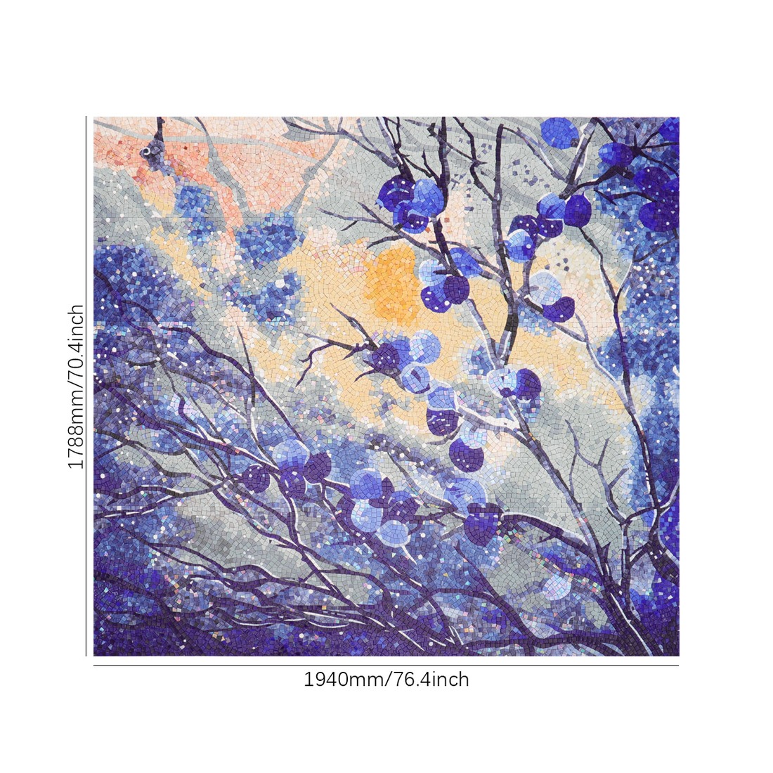 Full blue branch snow mosaic mural with violet berries