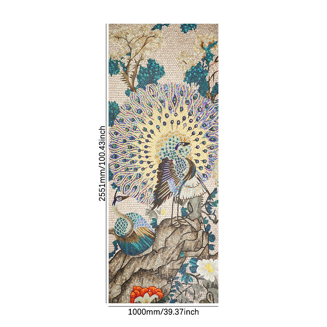 Full peacock display mosaic wall mural with size guide and floral branches