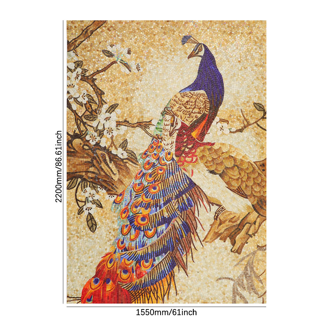 Full peacock mosaic wall mural with size guide and floral branches