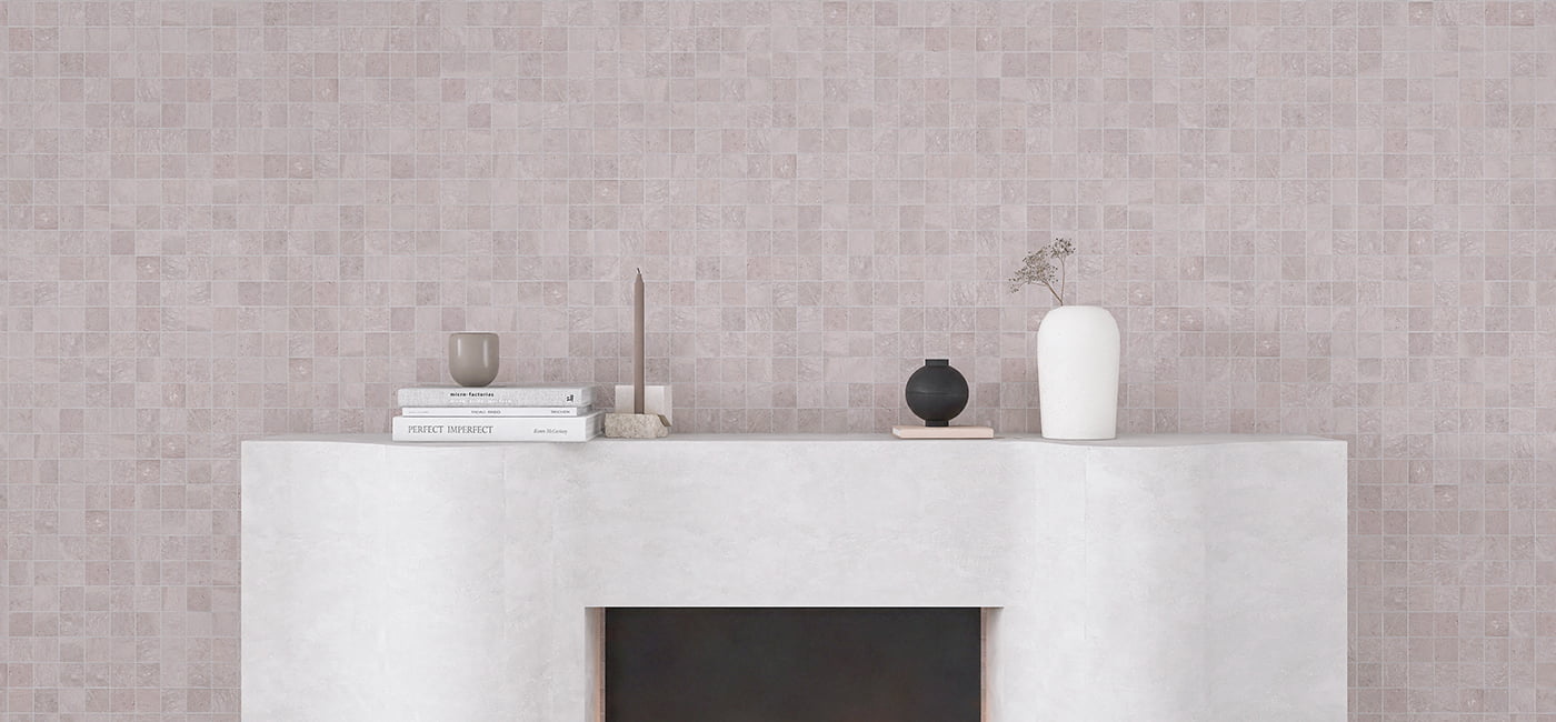 Full view of gray marble square mosaic tile wall in a soft natural tone
