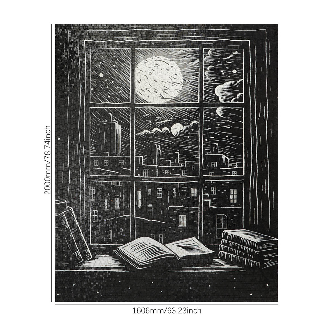 Full black and white moon window mosaic mural with size markings