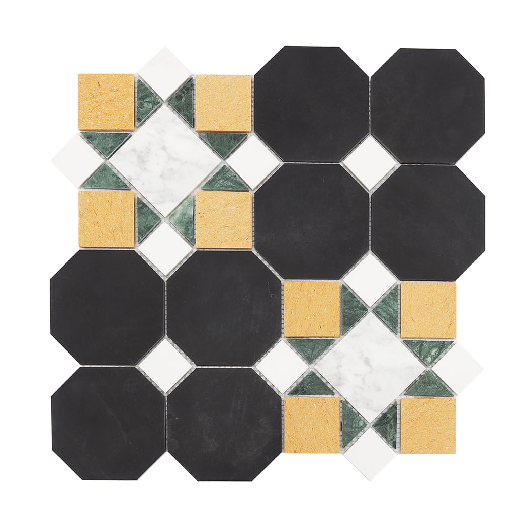 Full sheet of geometric marble mosaic featuring black octagons and colorful star patterns.