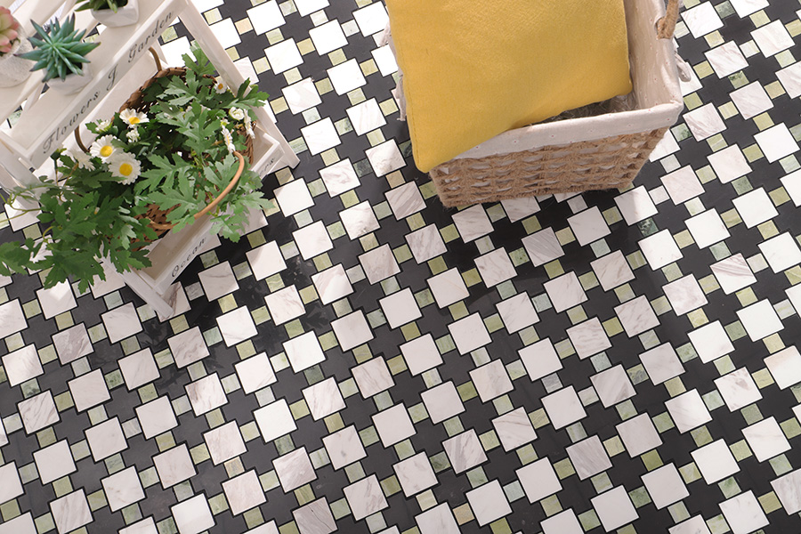 Decorative geometric floor tiles with square mosaic design