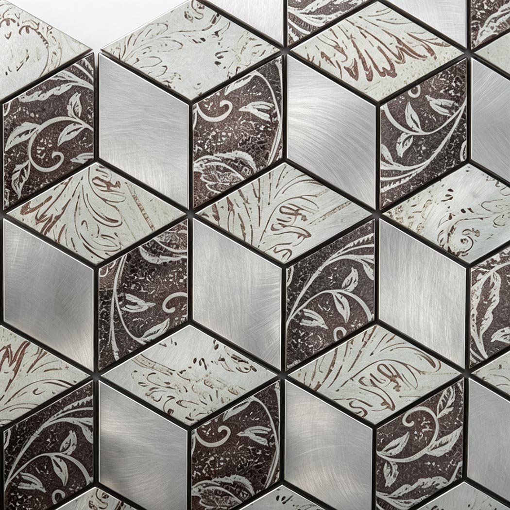 Detailed texture of geometric cube metallic mosaic tile.