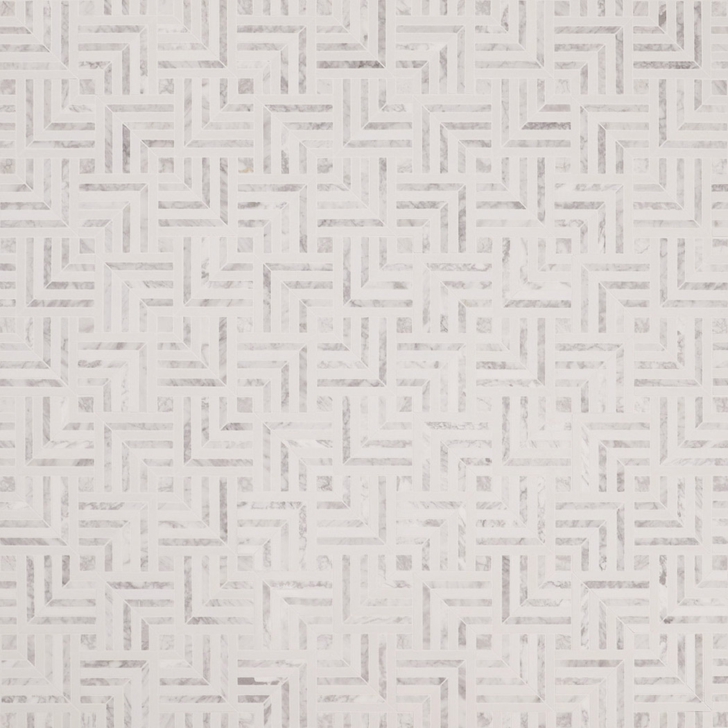 Full repeating pattern of geometric marble mosaic tiles with grey veining.