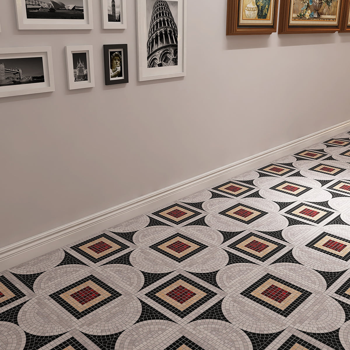 Geometric Mosaic Floor Hallway Design