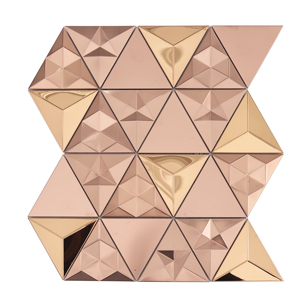 A single sheet of rose gold geometric mosaic tiles with mixed textures and facets.