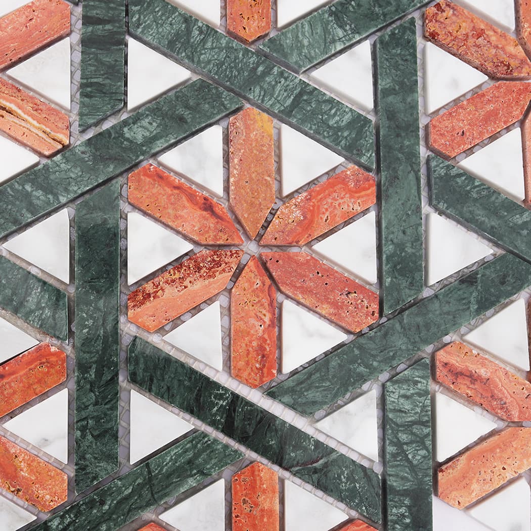 Direct overhead view focusing on the central star motif of the marble mosaic.