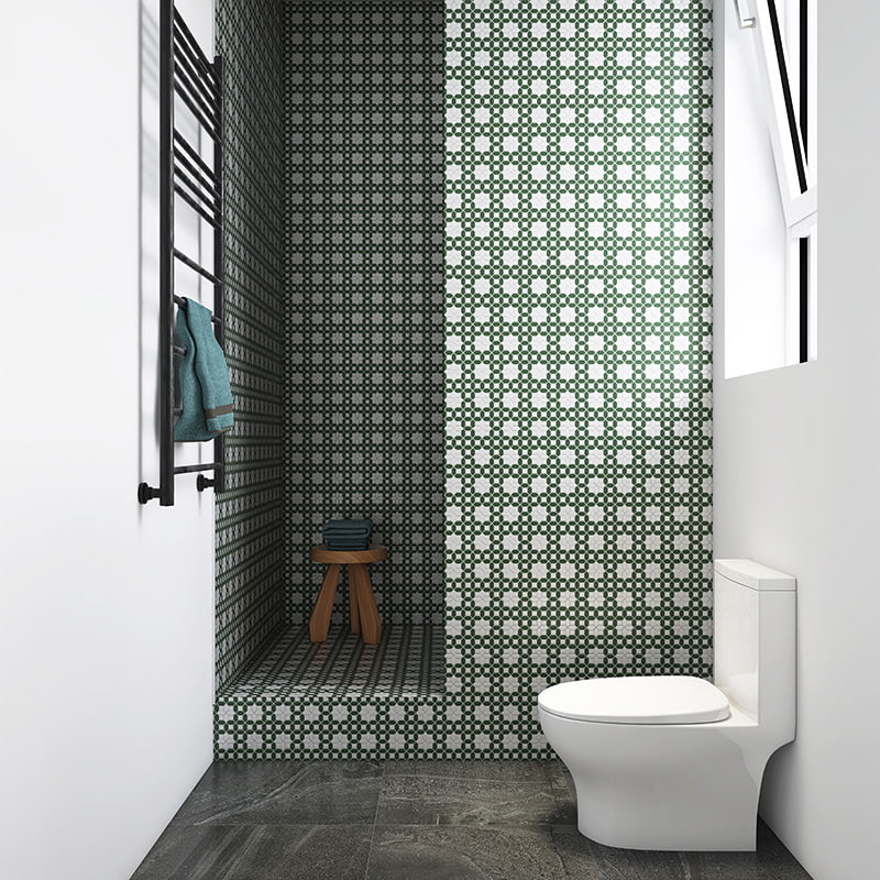 Geometric tile pattern in green and white for a modern bathroom wall design