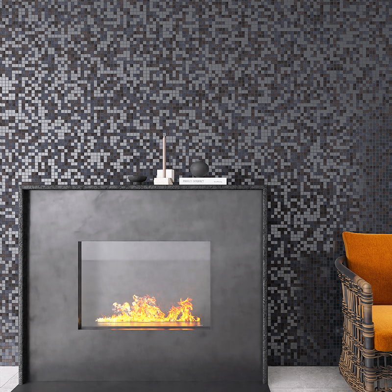 Glossy black and silver glass mosaic tiles used on fireplace accent wall