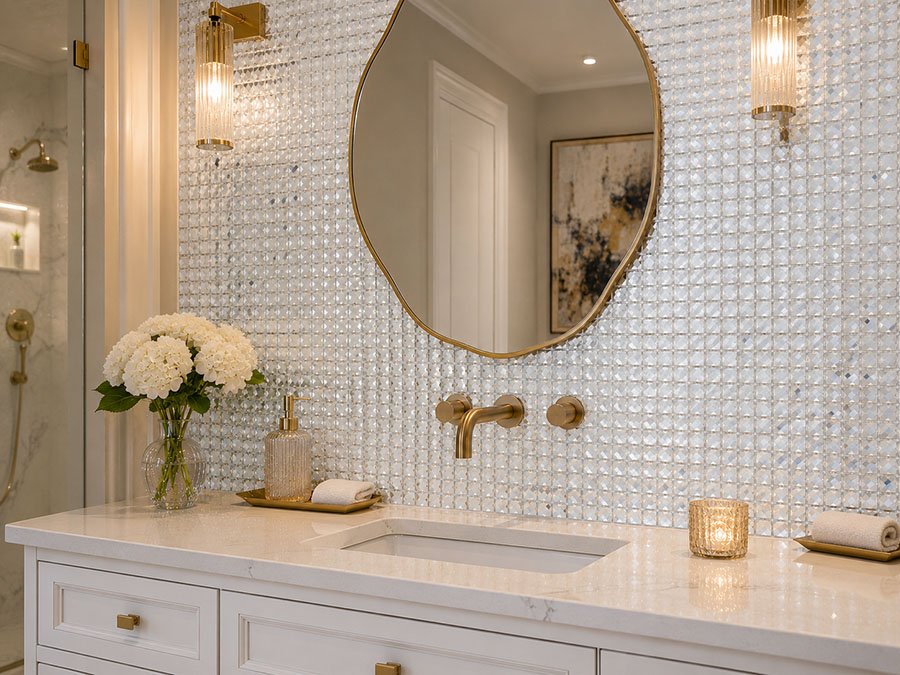Glass mirror tile vanity backsplash with brass fixtures and white countertop