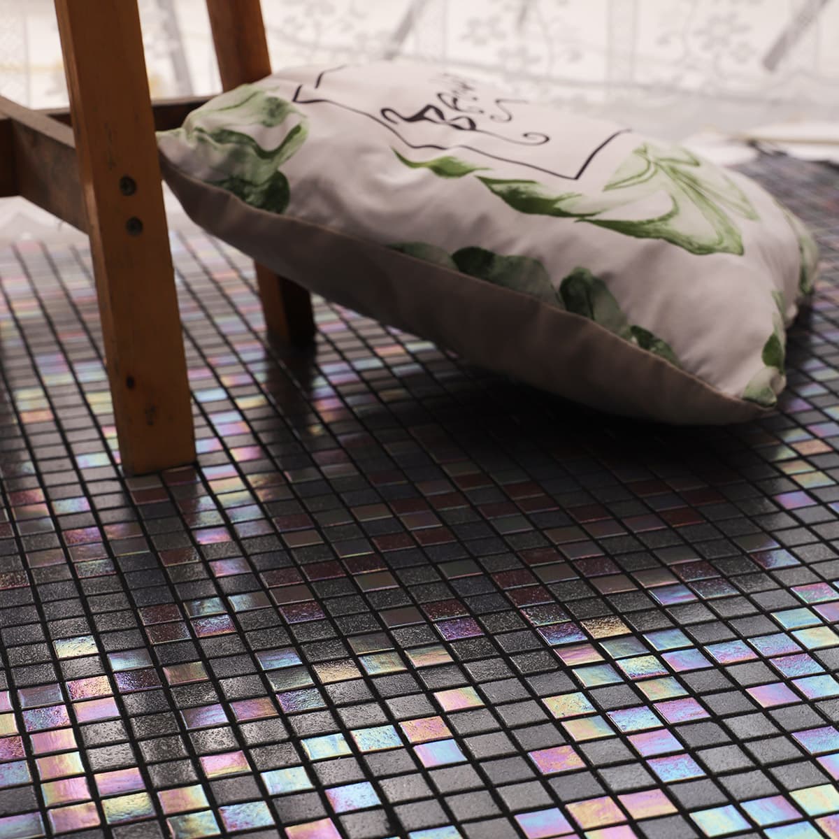 Home scene showing full area of iridescent mosaic flooring
