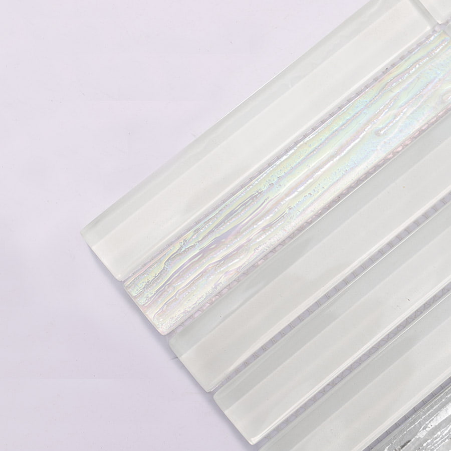 Close up corner of white and silver glass mosaic tile