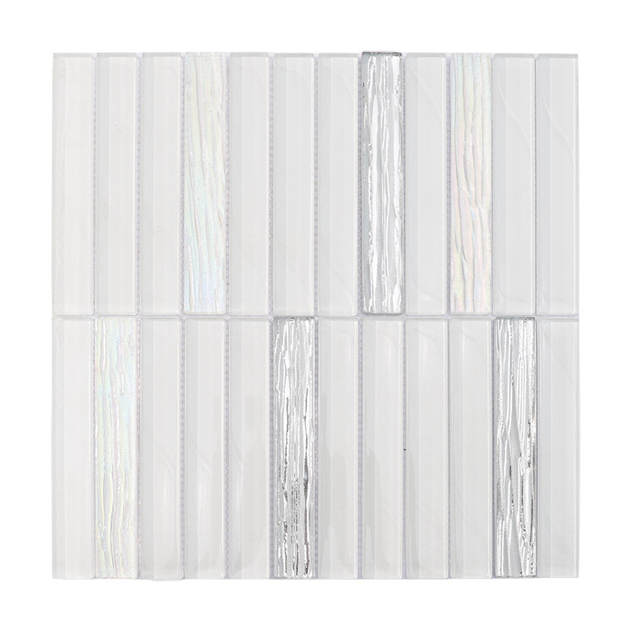 Full view of white and silver glass mosaic tile sheet