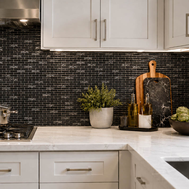 Glossy black glass mosaic backsplash in a modern white kitchen setup