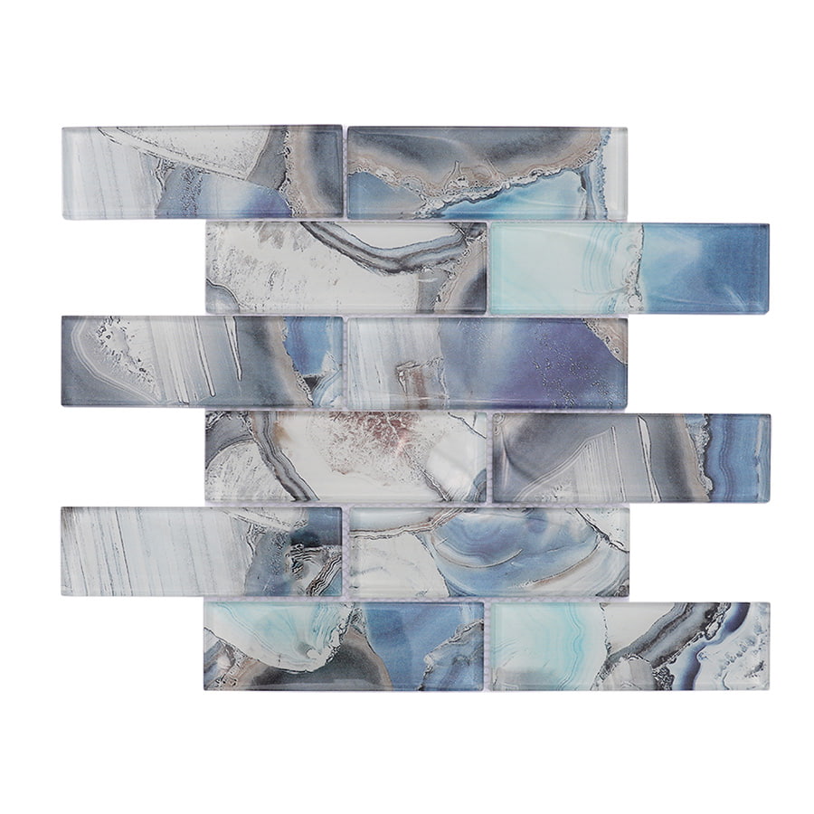 Front view of glossy blue grey subway glass mosaic tile with marble effect