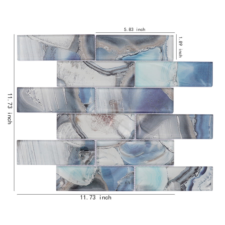 Glossy blue grey subway glass mosaic tile sheet with size measurements