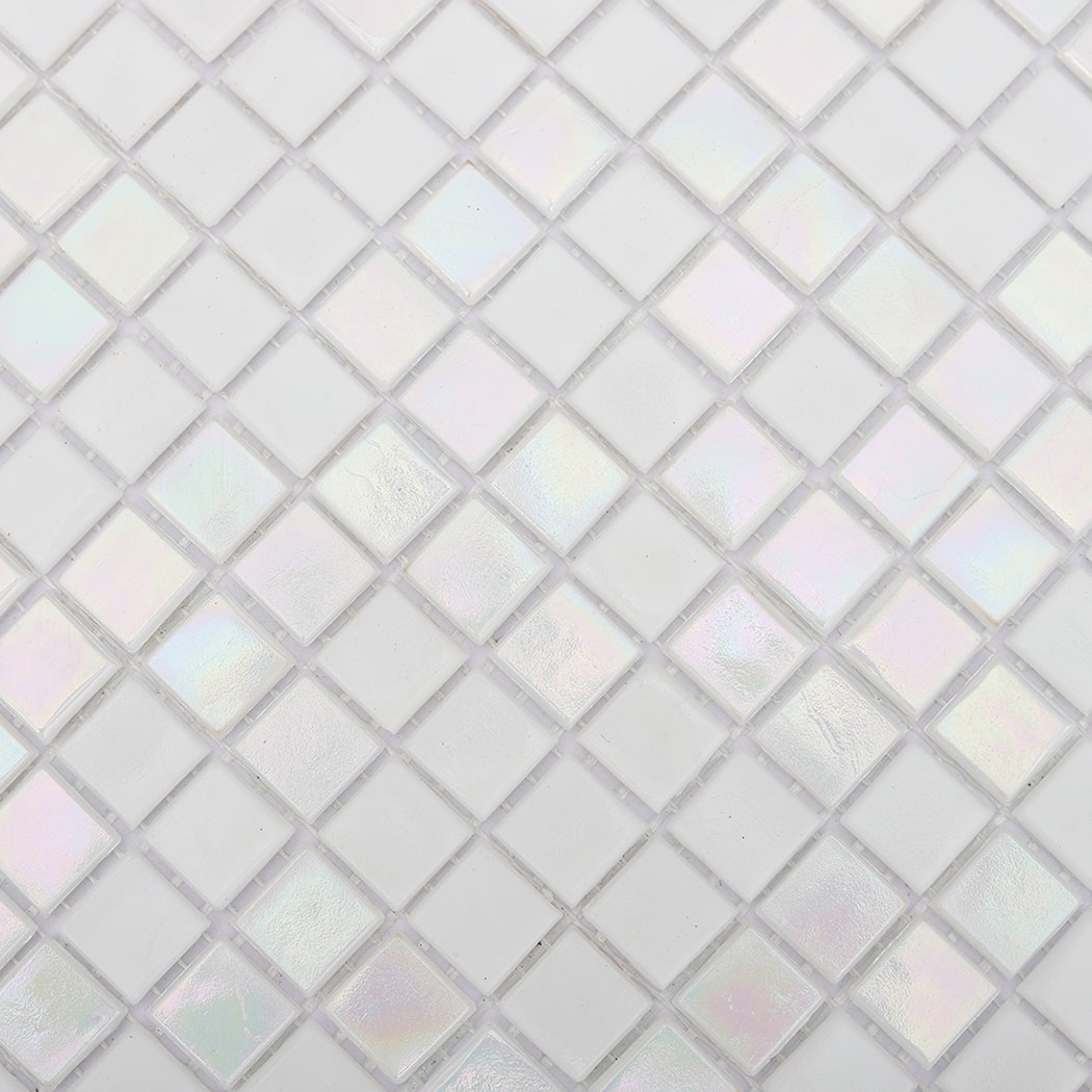 texture detail of glossy pearl white square mosaic tiles with rainbow sheen