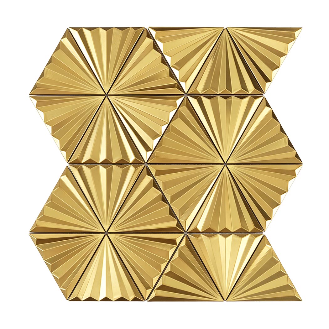 Front view of gold 3D fan triangle metal mosaic tile sheet
