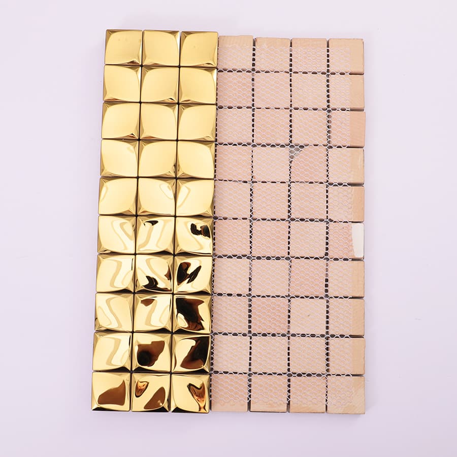 Back view of gold 3D mini square tile with mesh