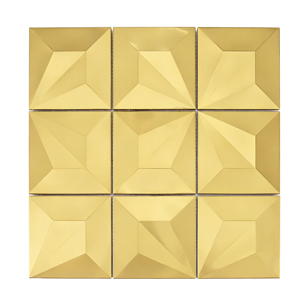 Front view of gold 3D pyramid square metal mosaic tile sheet