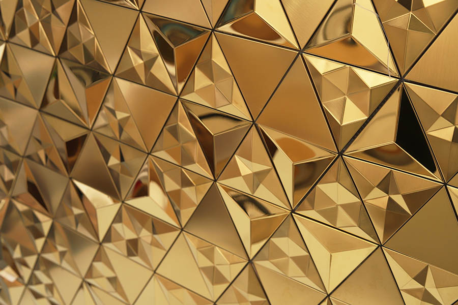3D gold pyramid stainless steel wall tile with reflective faceted surface