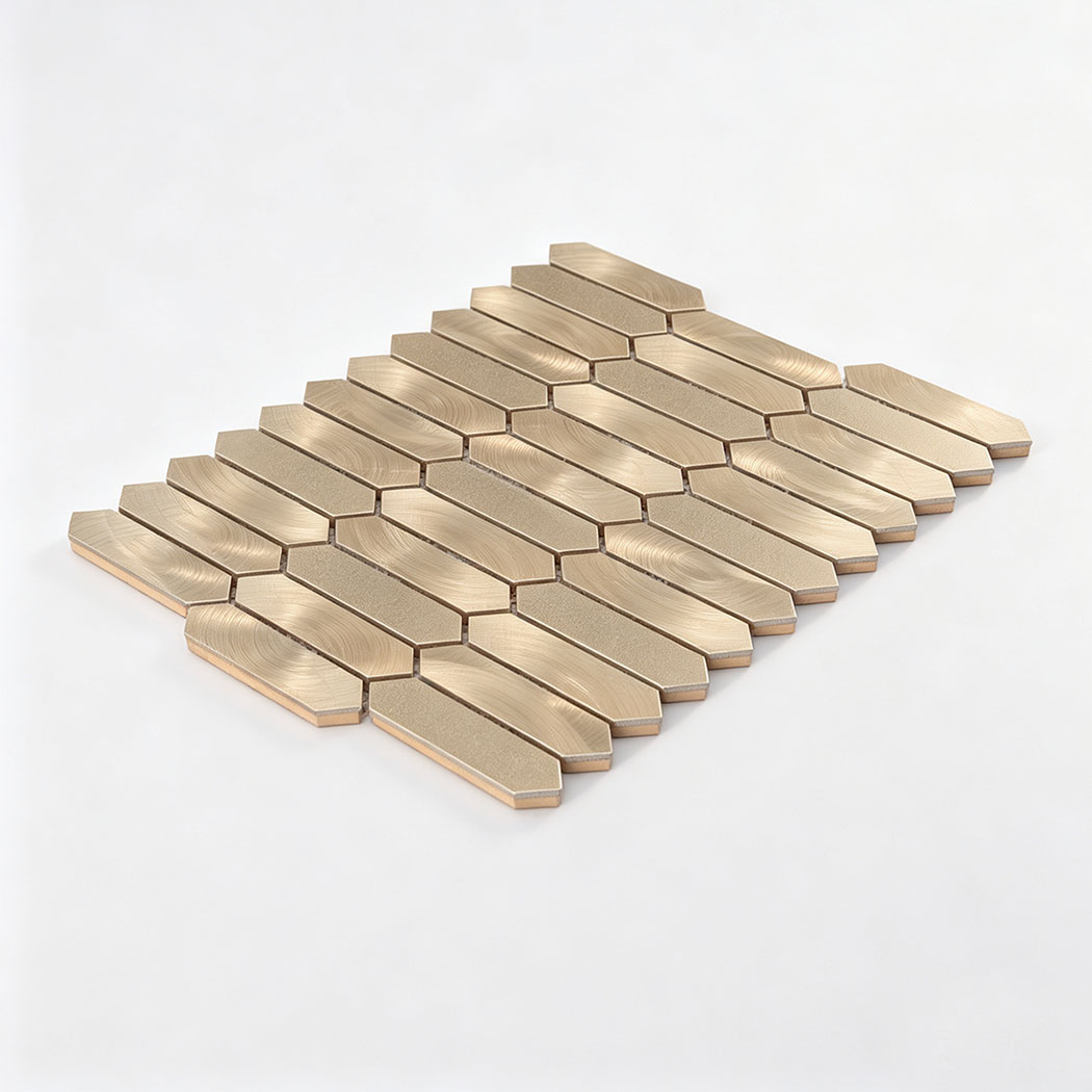 Angled studio display of gold aluminum elongated picket mosaic