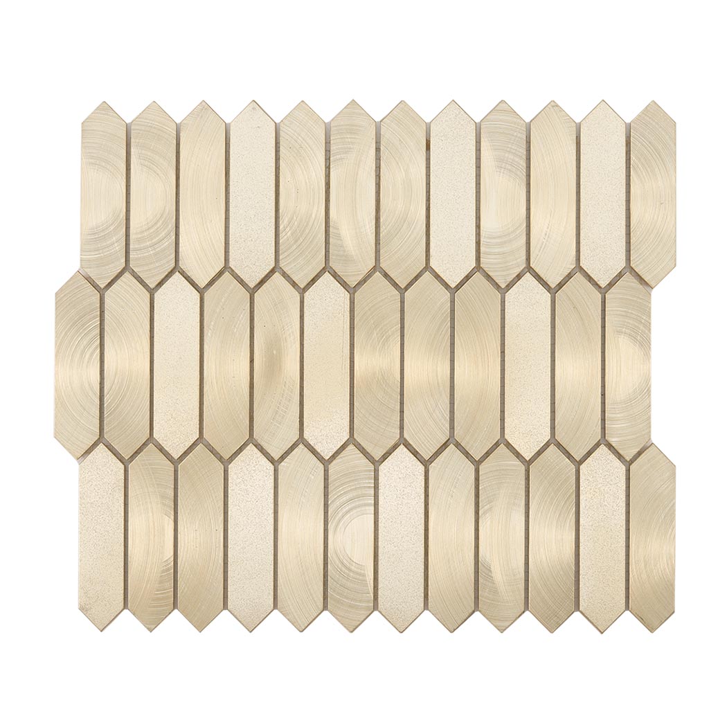 Flat top view of gold aluminum elongated picket mosaic tile sheet