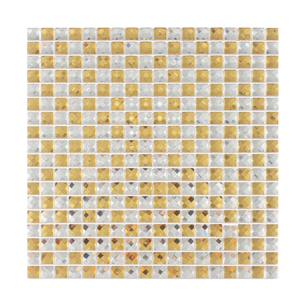 Front view of a gold and silver diamond glass mosaic in a checkerboard pattern.