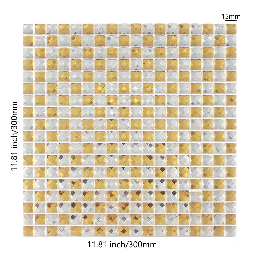 Gold and silver glass square mosaic sheet with dimensions 11.81 inches by 300mm.