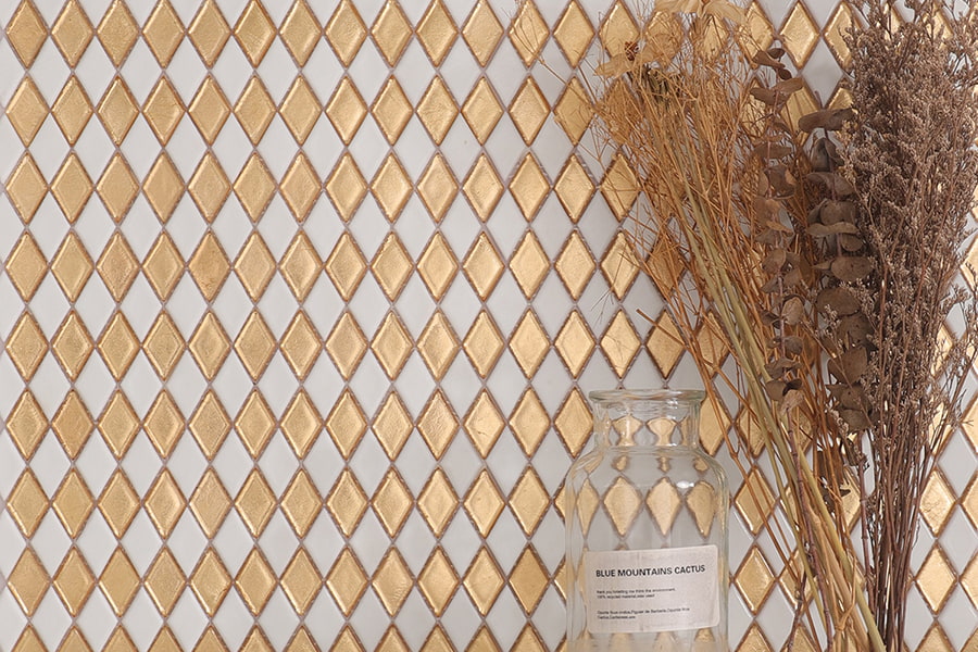 Gold diamond mosaic backsplash tile adds a luxurious metallic shimmer
