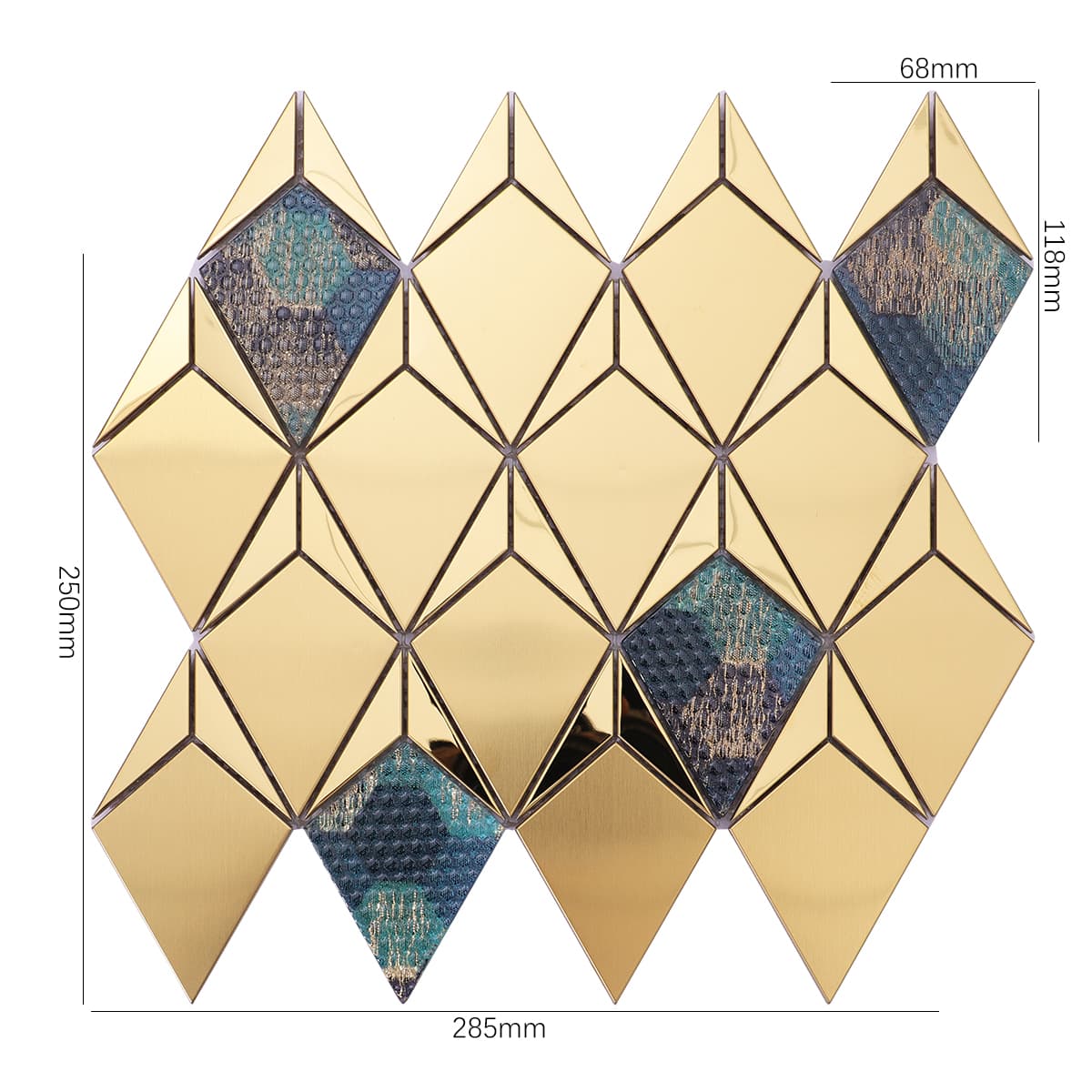 Gold diamond metal mosaic tile sheet with size measurements