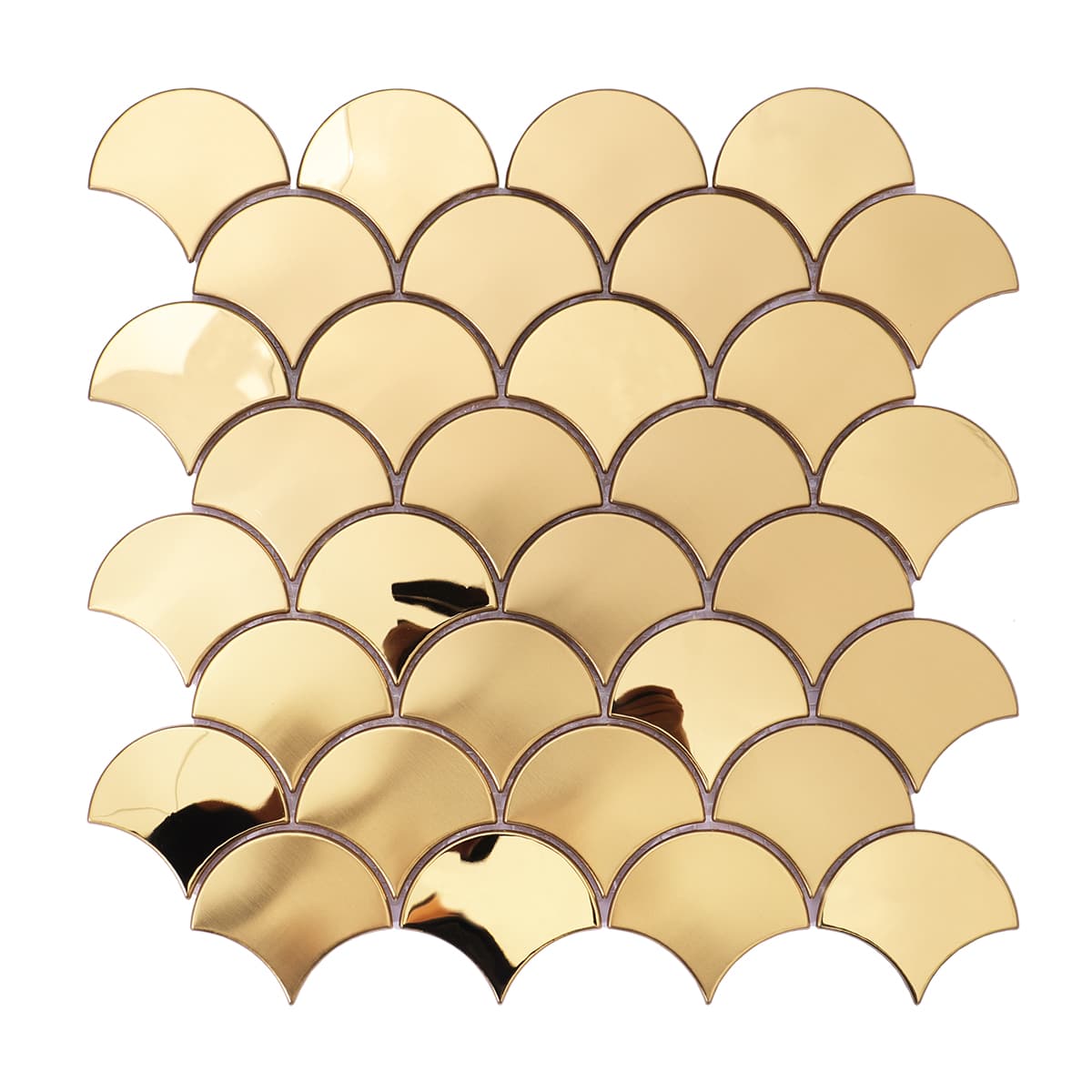 Front view of gold stainless steel fish scale mosaic tile