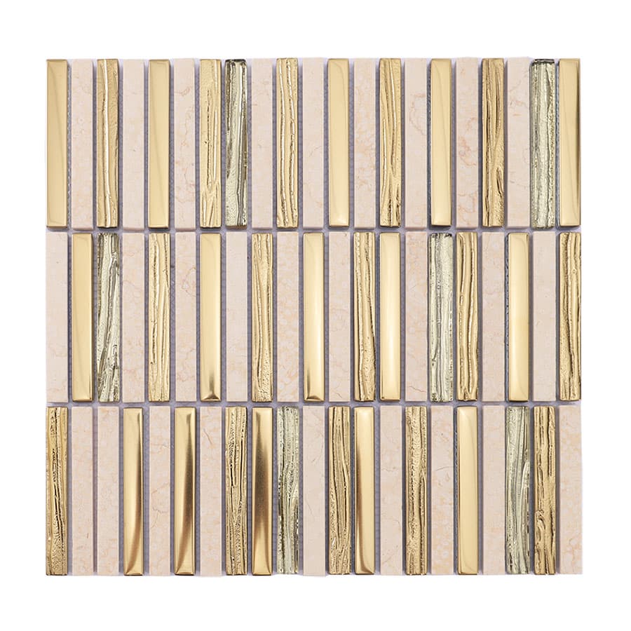 Full sheet of gold glass and beige marble linear mosaic tile