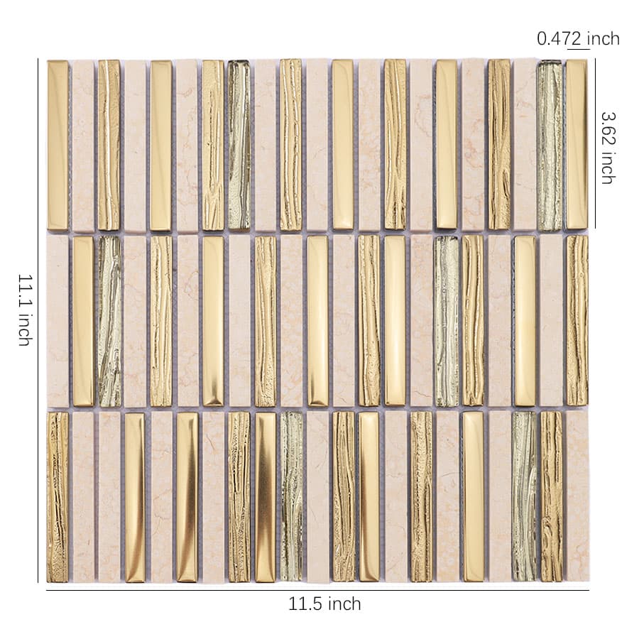 Gold glass and beige marble linear mosaic tile sheet with size measurements