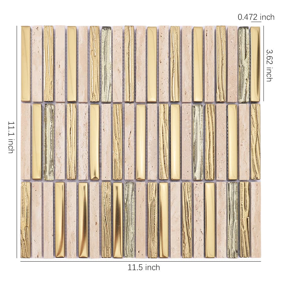 Gold glass and beige marble strip mosaic tile sheet with size measurements