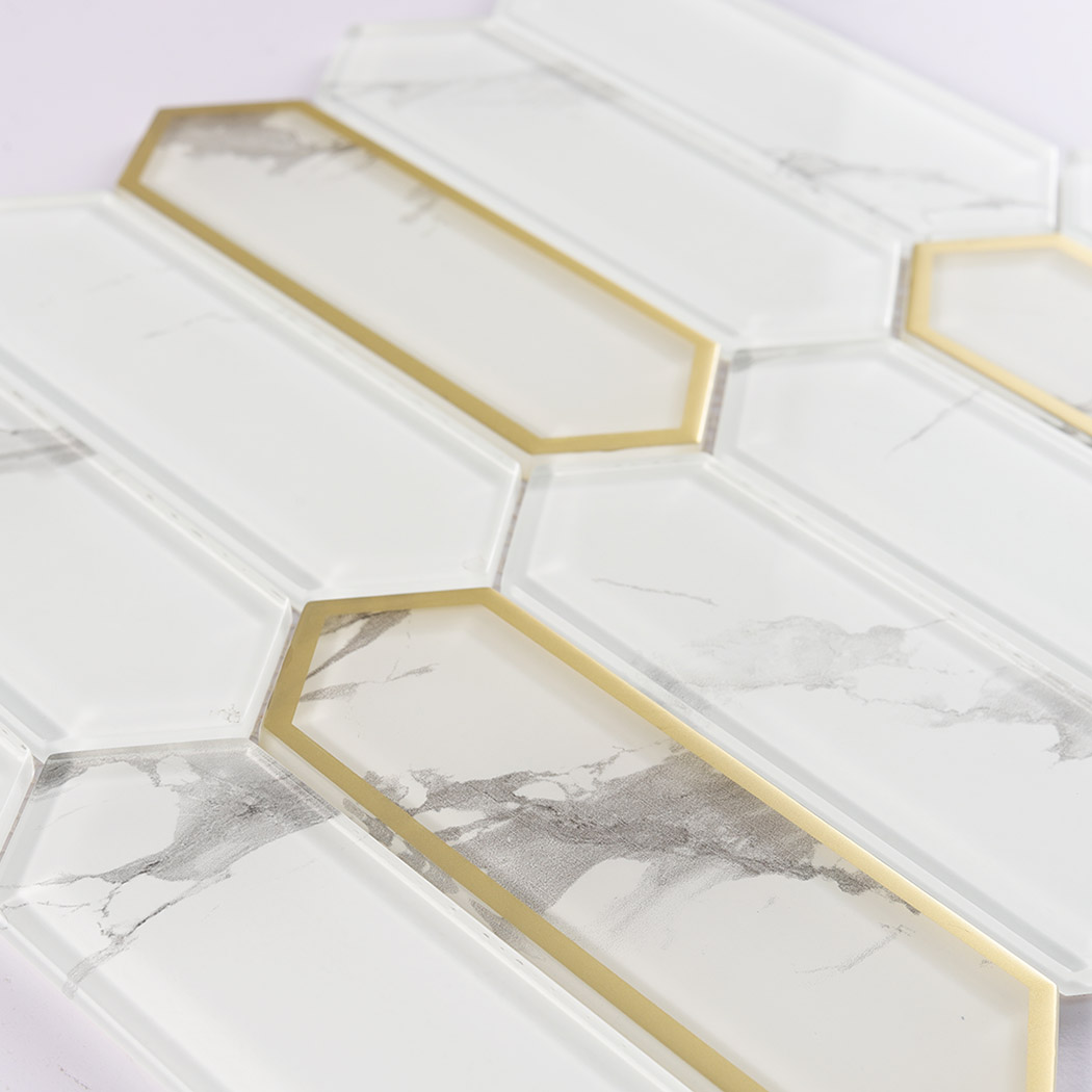 Detailed surface of marble picket glass tiles with electroplated gold glass frames