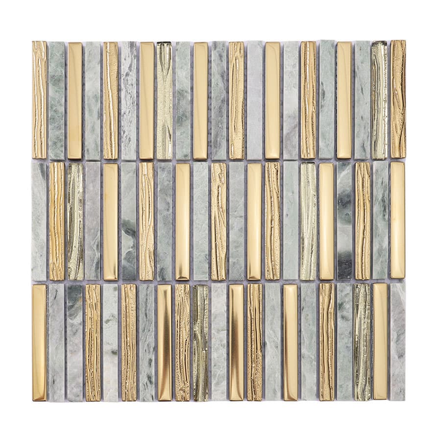 Full sheet of gold glass and green marble strip mosaic tile