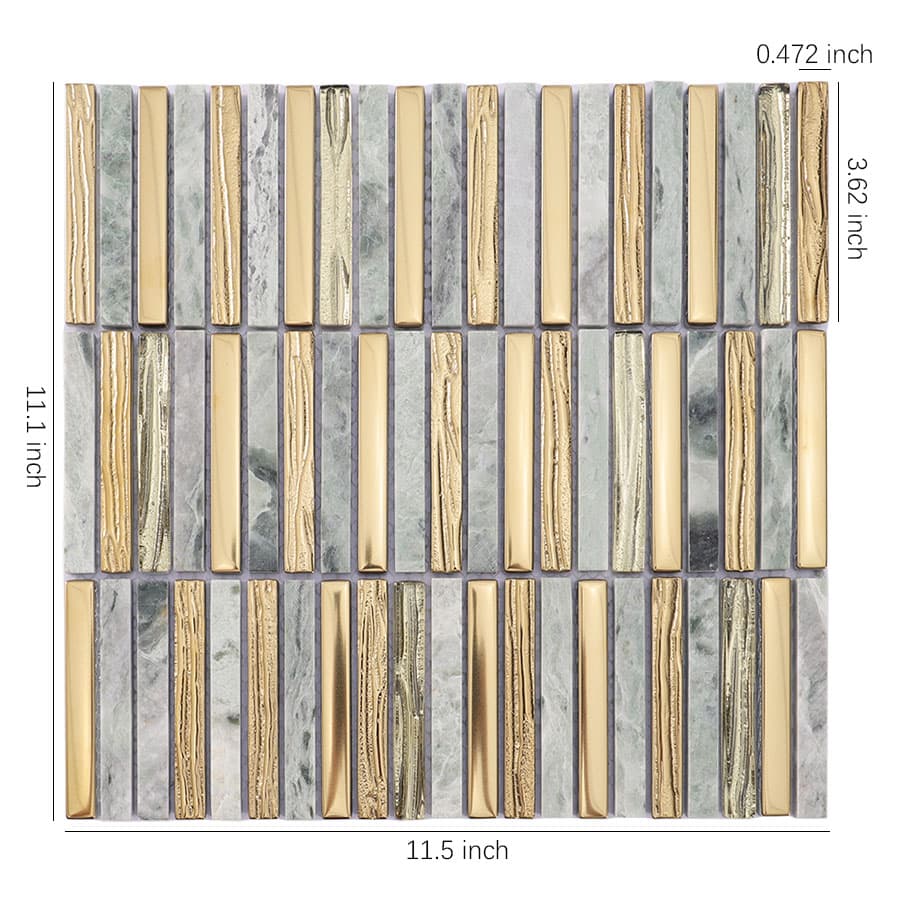 Gold glass and green marble strip mosaic tile sheet with size measurements