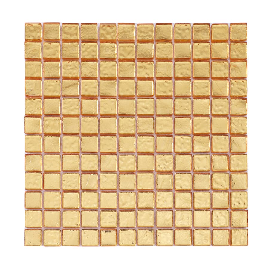 Front view of gold glass mosaic tile sheet with square pattern.