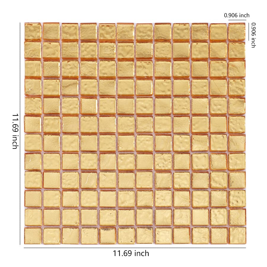 Gold glass mosaic tile sheet with size measurements in inches.