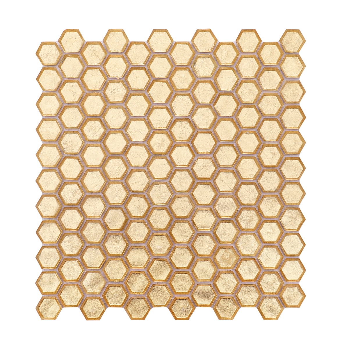 Top view of gold hexagon glass mosaic tile sheet with glossy surface