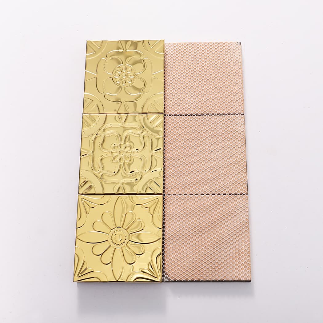 Front-and-back view showing gold mosaic faces and the mesh backing for installation
