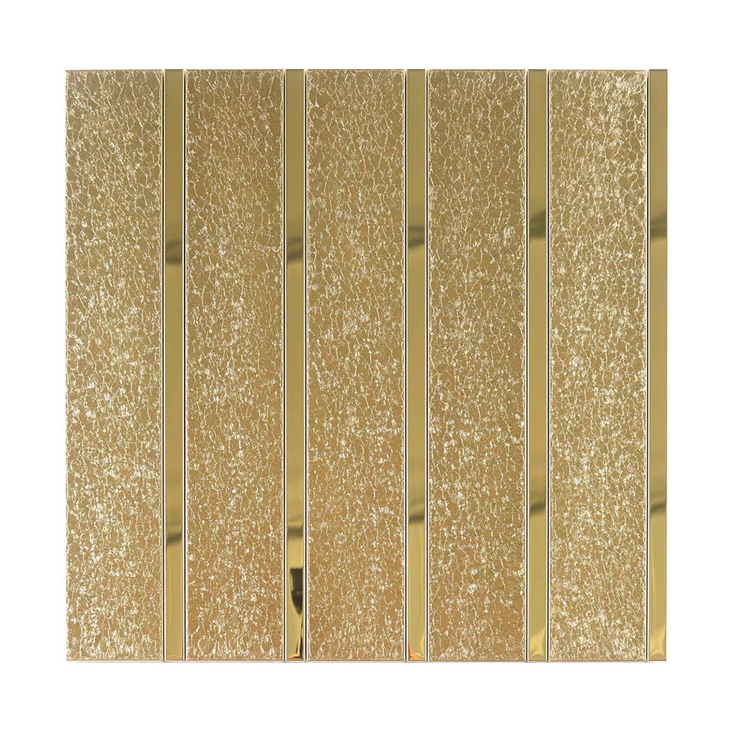 Gold metallic tile strips for a glitter vertical tile backsplash
