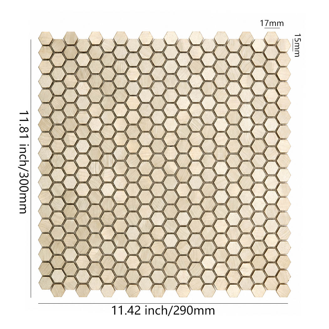 Dimension diagram of brushed gold mini hexagon aluminum mosaic tile sheet