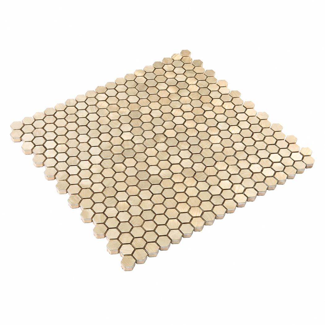 Angled perspective view of gold mini hexagon aluminum mosaic tile sheet