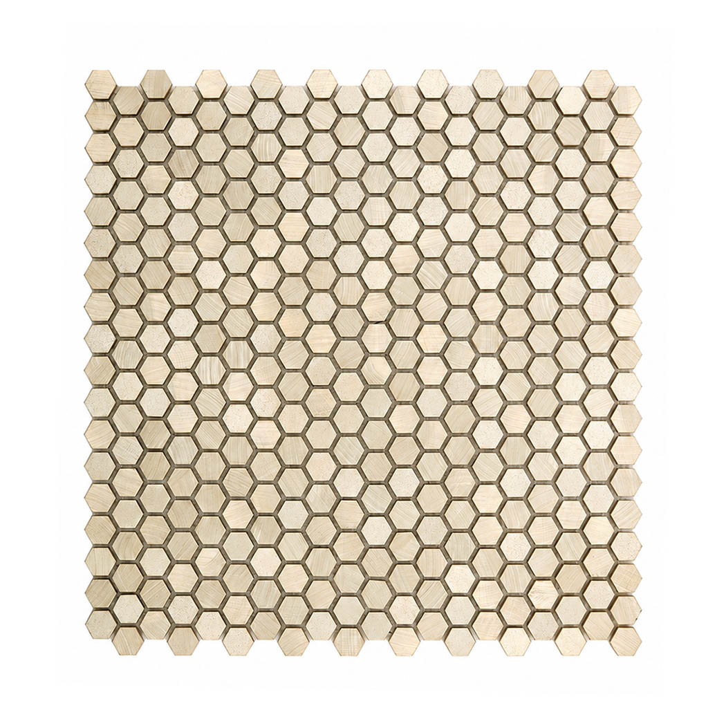 Front view of brushed gold mini hexagon aluminum mosaic tile sheet