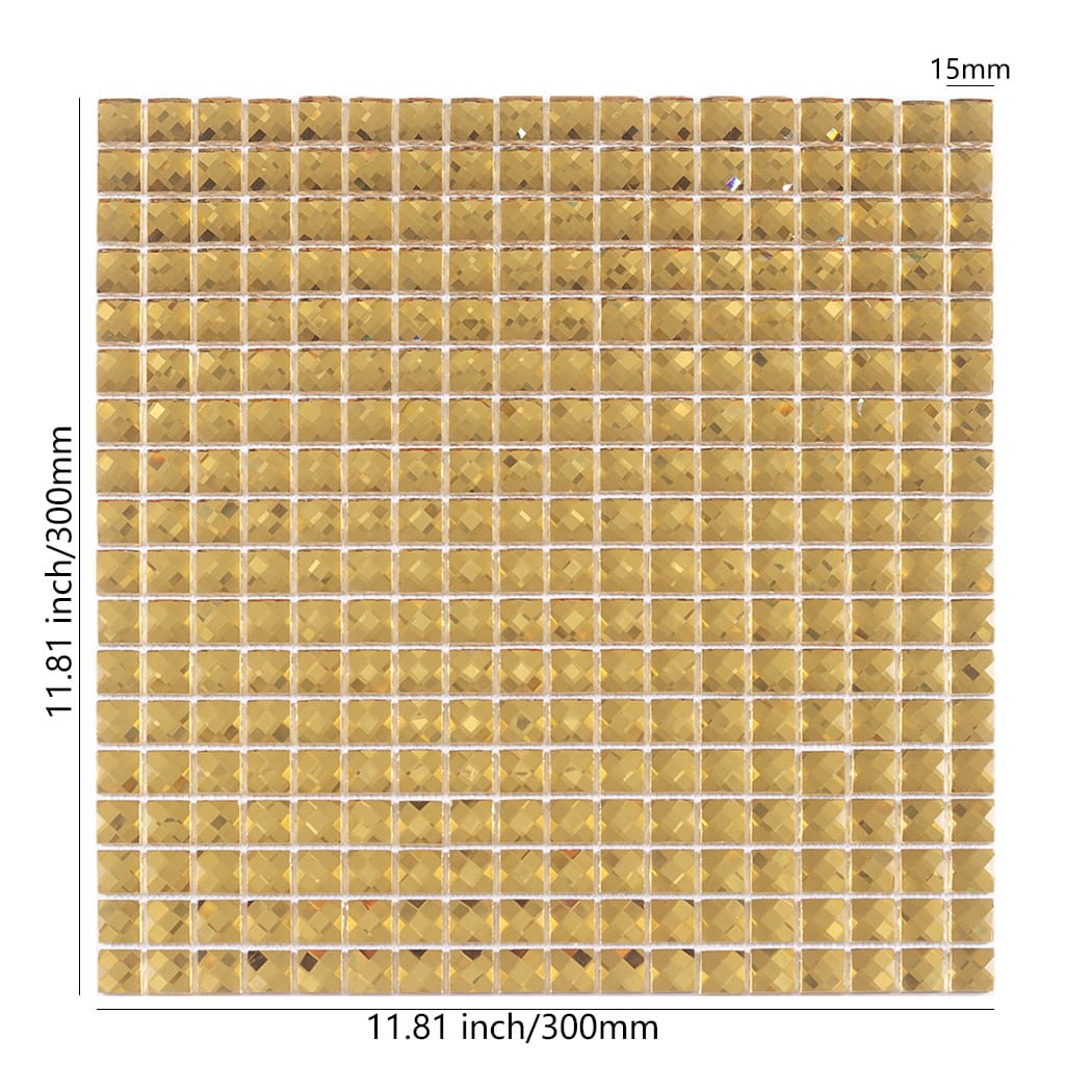 Gold square mirror glass mosaic tile sheet with dimensions 11.81 inches by 300mm.