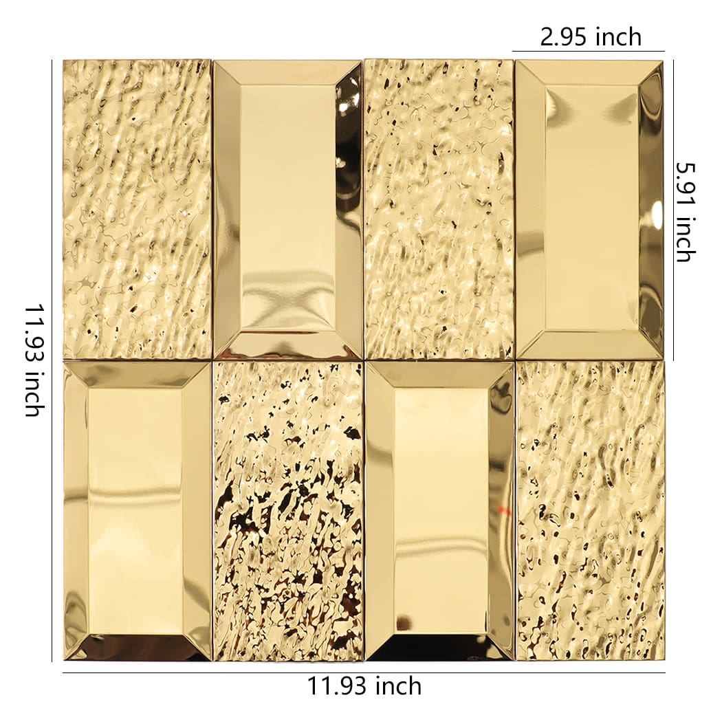 Full view of golden mirror mosaic tile with smooth and textured surfaces.